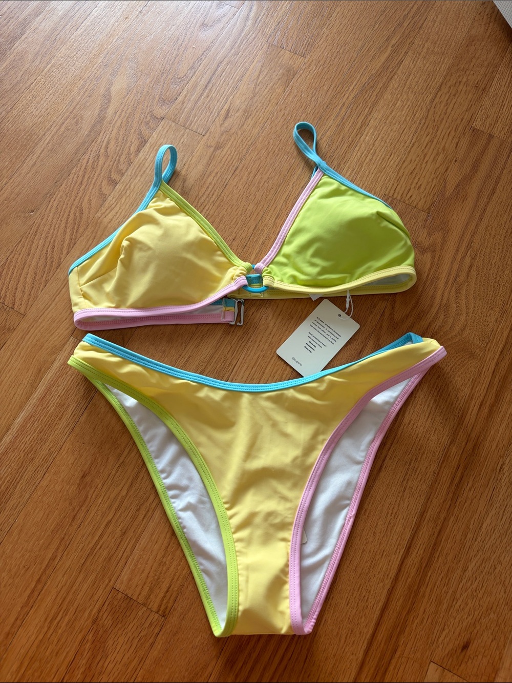 Brand New Cupshe Yellow Triangle Bikini with Blue, Pink, and Lime Trim